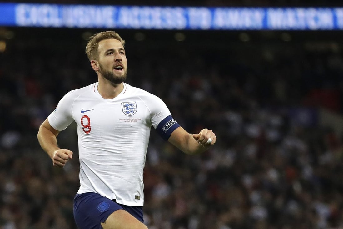 England's Harry Kane celebrates scoring in the Euro 2020 qualifiers. Photo: AP
