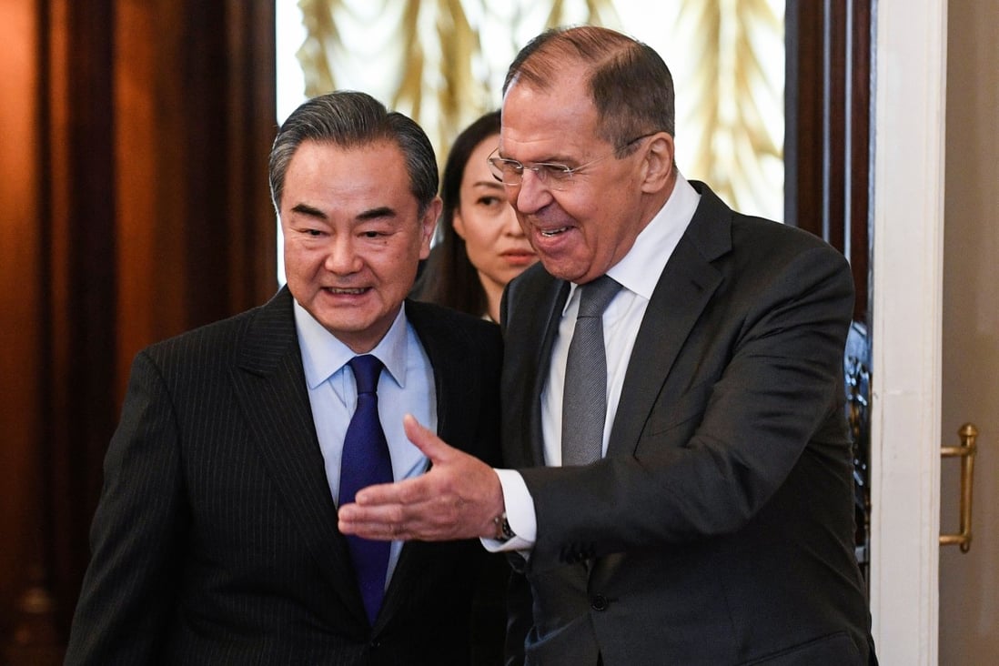 Chinese Foreign Minister Wang Yi (left) thanked his Russian counterpart Sergey Lavrov (right) for his stand against the US on the origins of the coronavirus. Photo: AFP