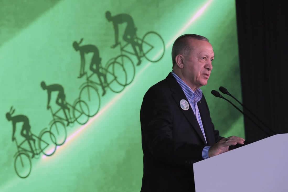 Turkey’s President Recep Tayyip Erdogan speaks during an environment event in Istanbul, Turkey on Saturday. Photo: Turkish Presidency via AP