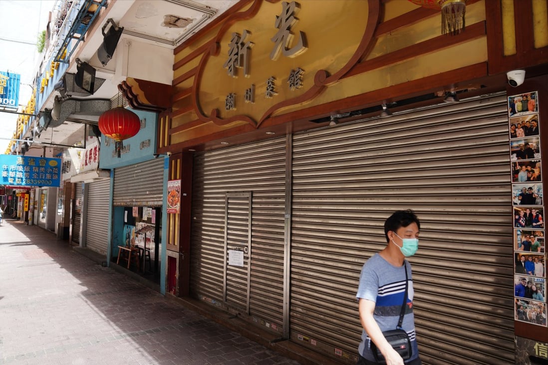 A man walks past closed storefronts in Wan Chai on August 6, 2020. Hong Kong saw just 6,685 bankruptcies last year, far below the average. Photo: Sam Tsang
