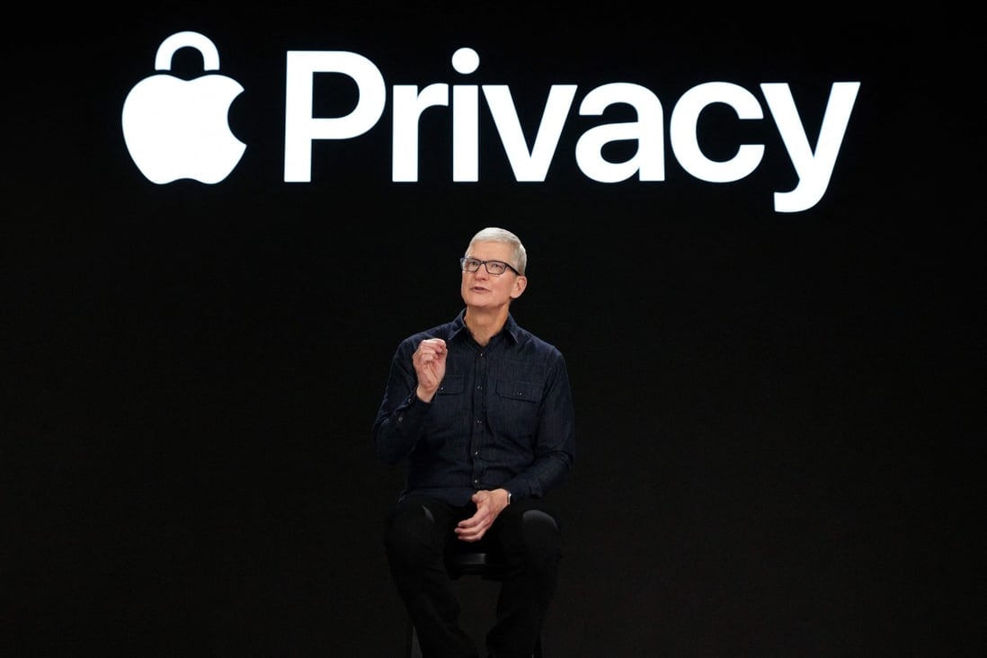 Apple CEO Tim Cook previews new privacy protections at Apple’s Worldwide Developers Conference at Apple Park in Cupertino, California, on June 7. A new VPN feature called “private relay” that masks users’ IP addresses and browsing activity will not be available in China, among other countries. Photo: AFP