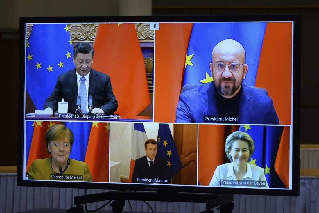European Council president Charles Michel (top right) met Chinese President Xi Jinping (top left) during an EU-China Leaders‘ meeting video conference in December. Photo: AP