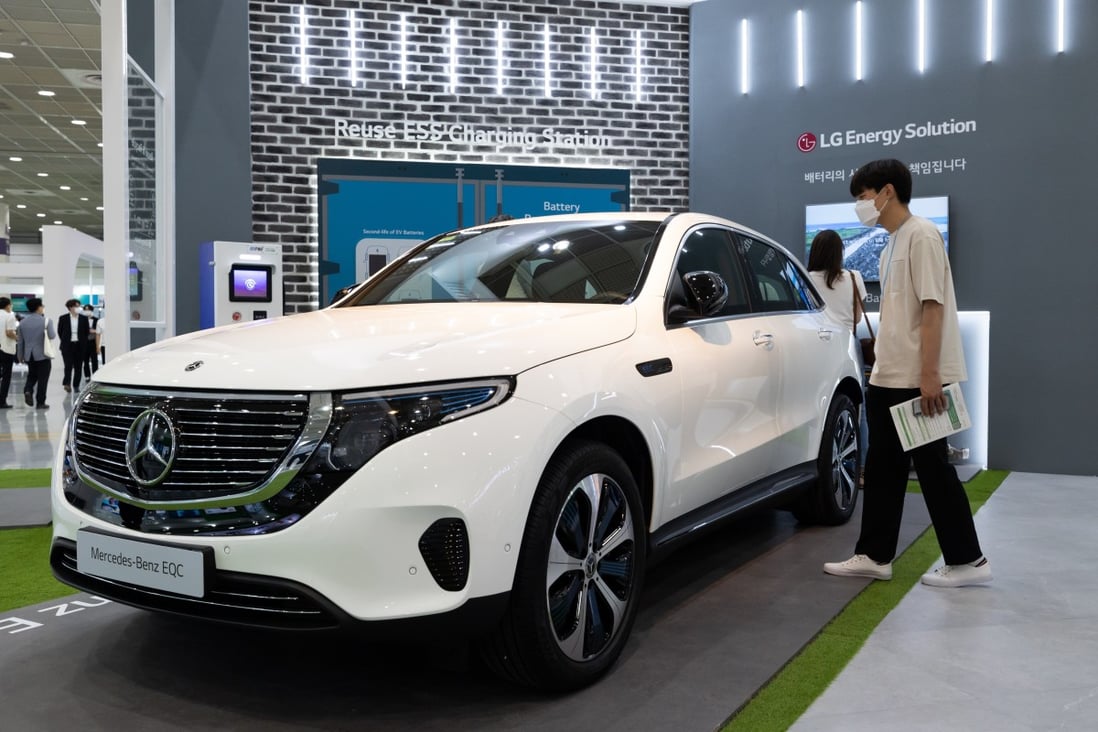 A Mercedes-Benz AG EQC luxury electric car pictured in Seoul, South Korea, on June 9. In Beijing, a showroom once full of the new electric SUVs had just a single model left as a persistent chip shortage continues to hit carmakers. Photo: Bloomberg