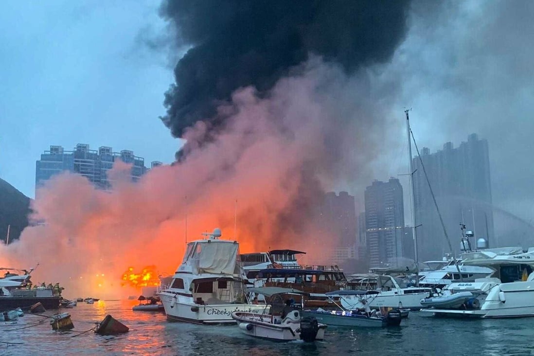 A fire rips through the Aberdeen South Typhoon shelter. Photo: Yves Sieur