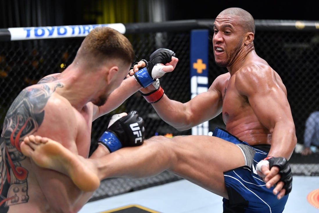 Ciryl Gane kicks Alexander Volkov in their heavyweight main event at UFC Vegas 30. Photos: Chris Unger/Zuffa LLC