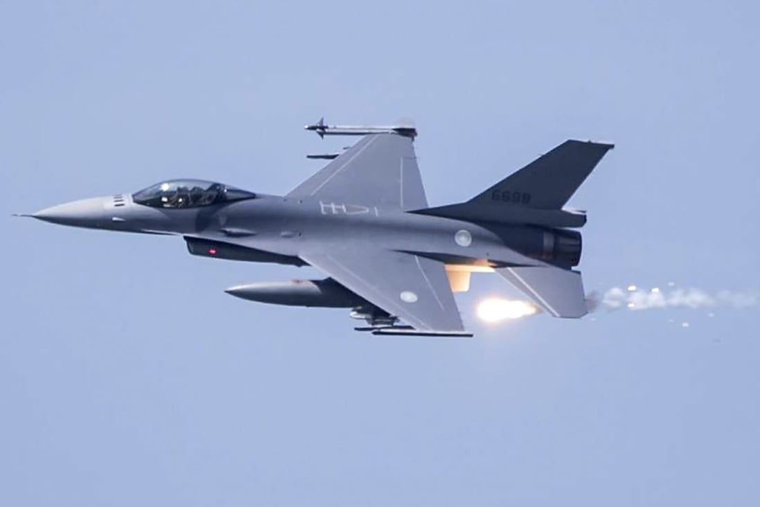 Taiwan’s F-16V fighter jet fires flare during a drill in Taichung. File photo: EPA-EFE