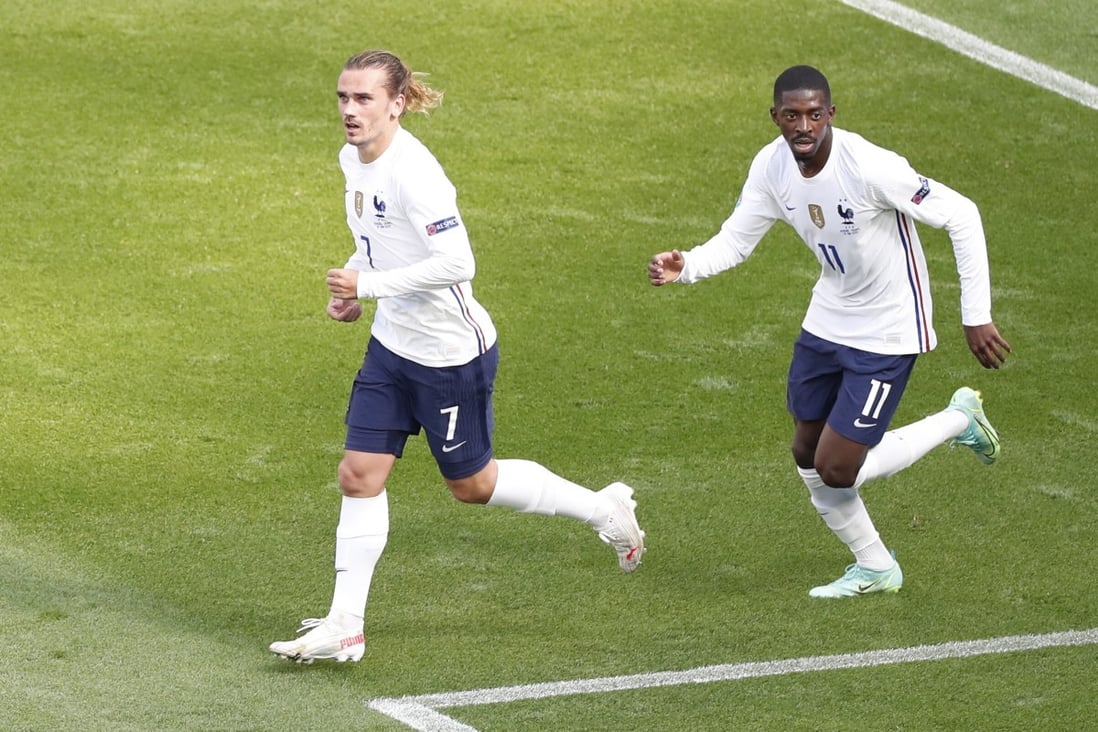 France’s Antoine Griezmann and Ousmane Dembele seen after a goal during the Uefa Euro 2020 match against Hungary in Budapest. Photo: EPA