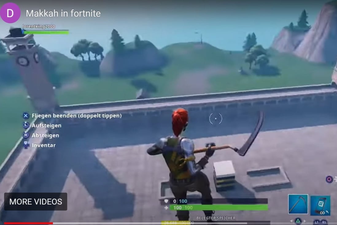 A still from the viral YouTube footage showing a Fortnite player in a complex that resembles the Grand Mosque in Mecca. Photo: YouTube