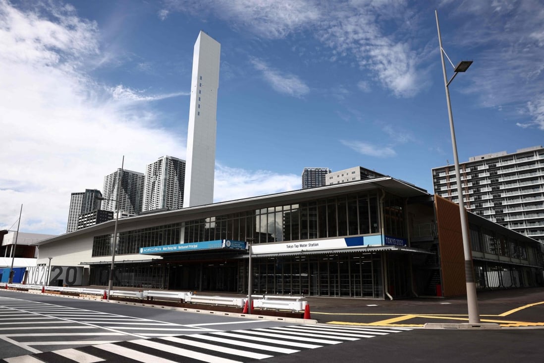 The main dining hall and the “tap water station” at the Olympic Village which will be used by the athletes during the 2020 Tokyo Olympic Games. Photo: AFP