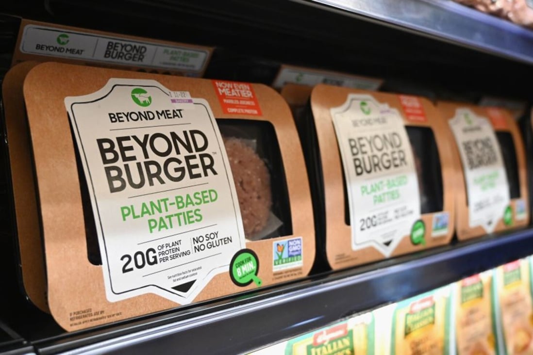 Beyond Meat “Beyond Burger” patties made from plant-based substitutes for meat products sit on a shelf for sale on November 15, 2019, in New York City. Photo: AFP