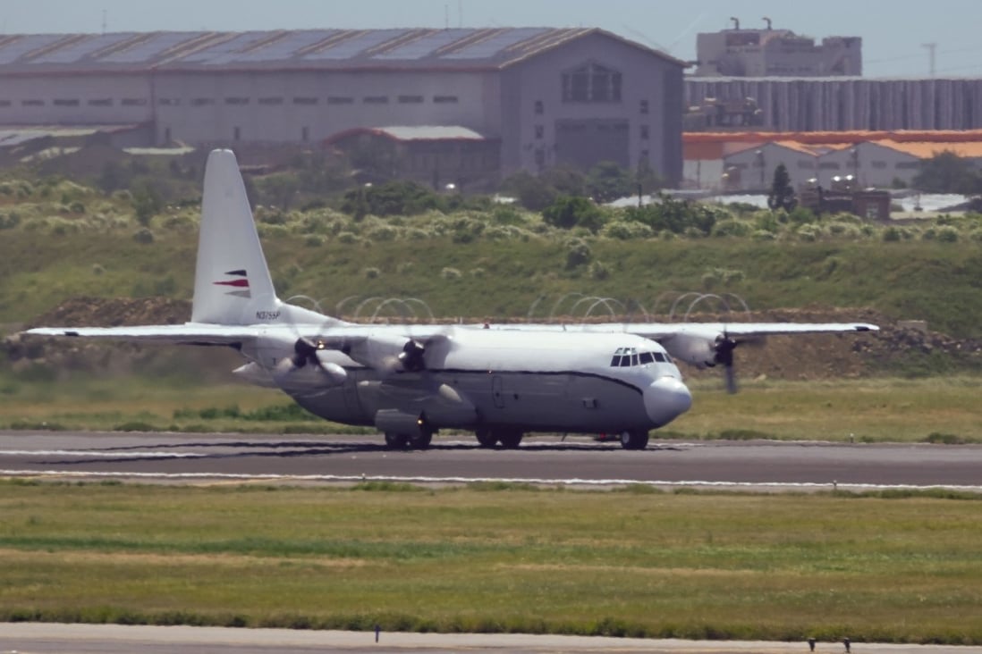 An American C-130 military plane lands in Taipei on Monday to deliver diplomatic pouches. Photo: Handout