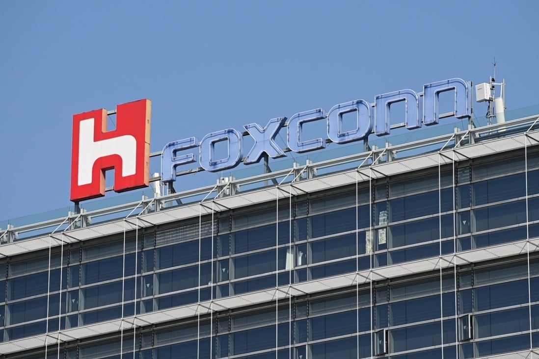 The Foxconn logo seen at its headquarters in Taipei on January 31, 2019. The iPhone maker put workers at two of its plants in Zhengzhou on leave on Wednesday amid the worst flooding the city has seen in a century. Photo: AFP