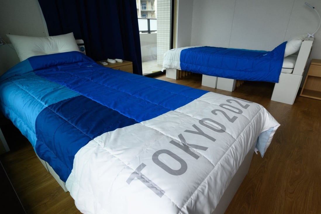 The recyclable cardboard beds and polythene mattresses at the Olympic Village. Photo: AFP