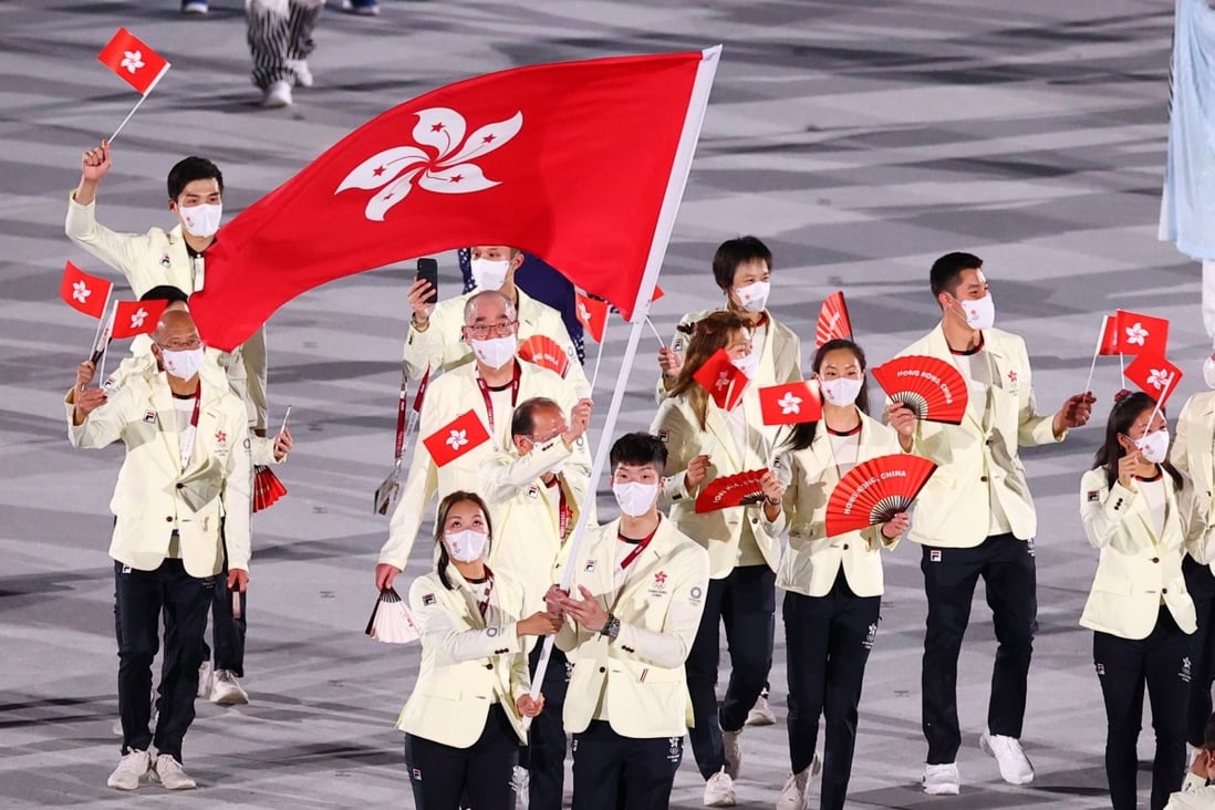 Hong Kong’s flag bearers are seen at the Tokyo 2020 Olympics opening ceremony on Friday. Photo: Reuters