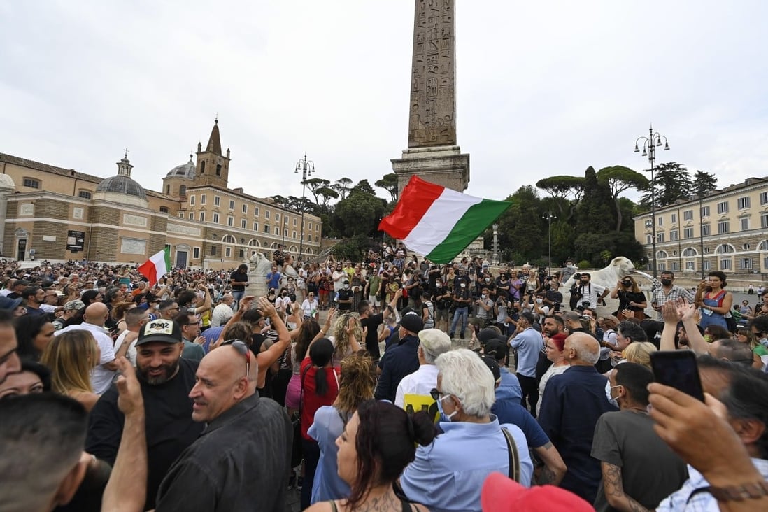 Protesters demonstrate against the green pass in Piazza del Popolo, Rome, Italy on Saturday. Photo: EPA-EFE