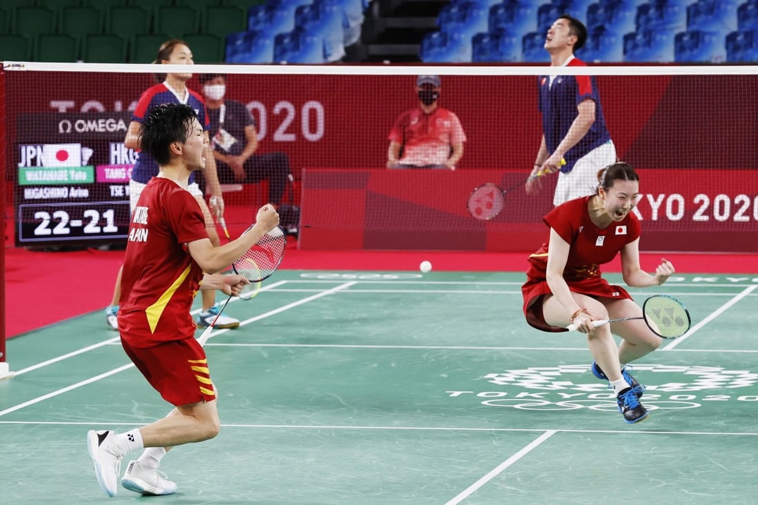 Japan’s Yuta Watanabe and Arisa Higashino react after beating Hong Kong’s Tse Ying-suet and Tang Chun-man in the bronze medal match of the badminton mixed doubles at the Tokyo Olympics. Photo: Kyodo