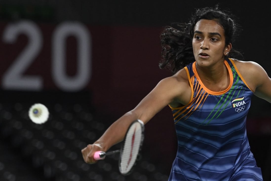 India's PV Sindhu hits a shot to Taiwan's Tai Tzu-ying in their women's singles badminton semi-final match during the Tokyo 2020 Olympic Games at the Musashino Forest Sports Plaza. Photo: AFP