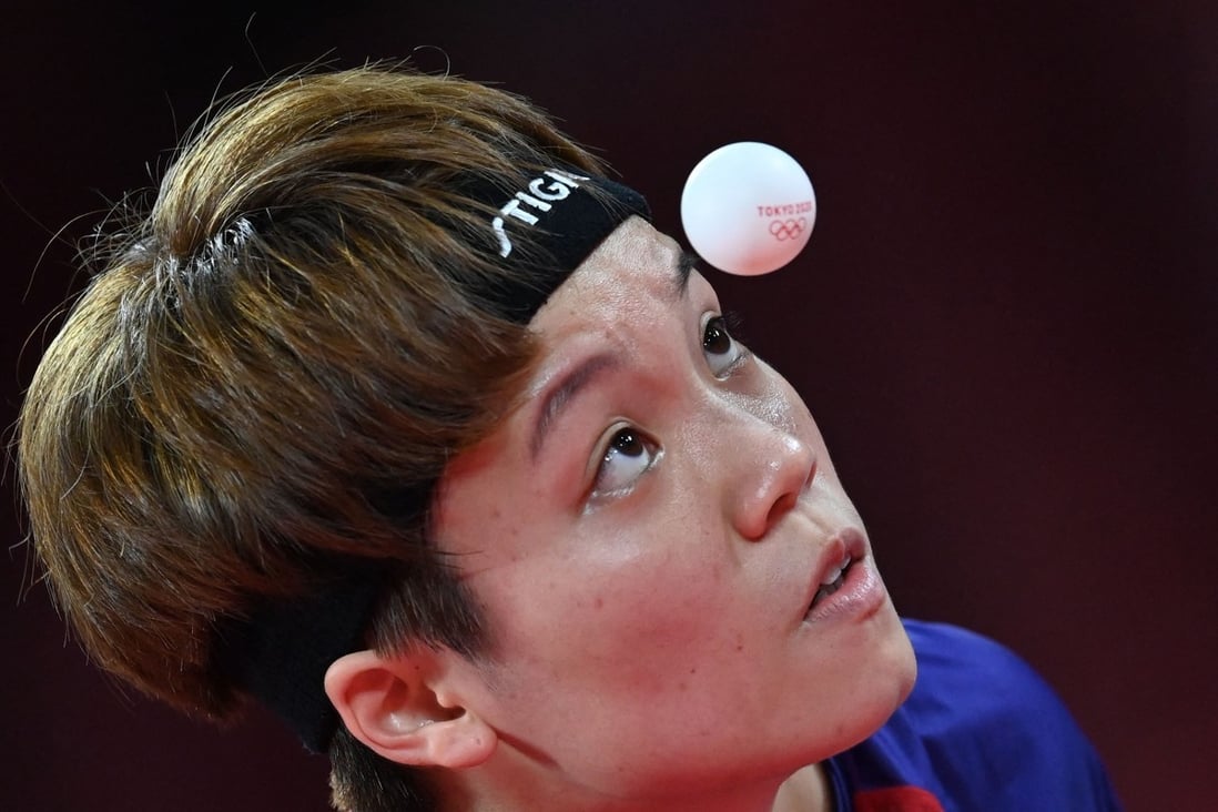 Hong Kong’s Doo Hoi-kem serves to Japan’s Mima Ito in their women’s team semi-final table tennis match at the Tokyo Metropolitan Gymnasium. Photo: AFP