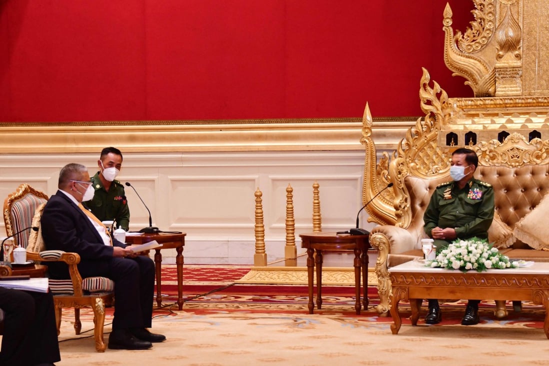 Brunei’s second minister of foreign affairs Erywan Yusof meets Myanmar armed forces chief Senior General Min Aung Hlaing in Naypyidaw in June. Photo: AFP