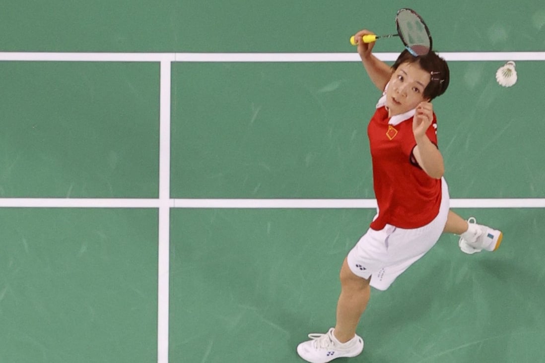 Chen Qingchen pictured during the badminton women’s doubles final against Indonesia at the Tokyo 2020 Olympics. Photo: Reuters