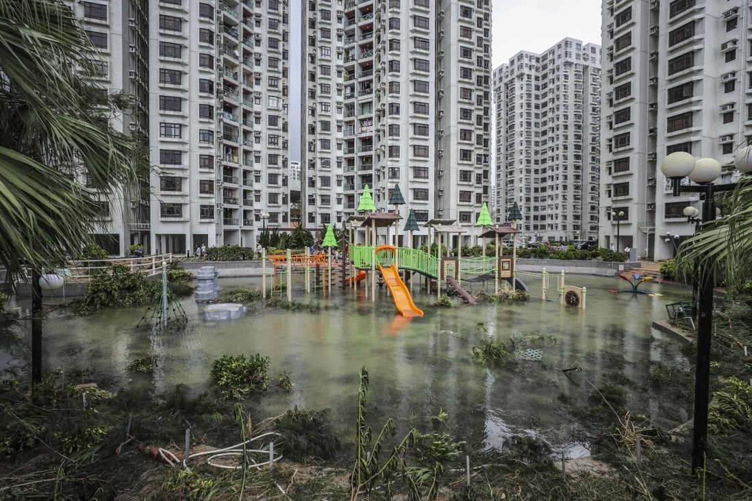 A playground at Heng Fa Chuen is flooded after Super Typhoon Mangkhut hit Hong Kong on September 16, 2018. Photo: Winson Wong