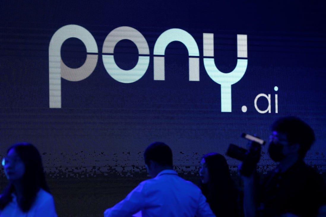 The Pony.ai logo is seen on a screen during an event in Beijing in May. Photo: Reuters