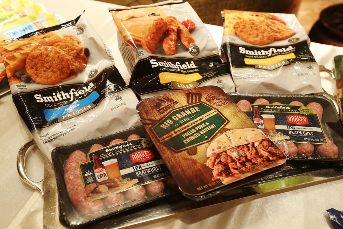Some of the products made by Smithfield Foods, owned by WH Group, on display during a news conference in Hong Kong. Photo: Nora Tam