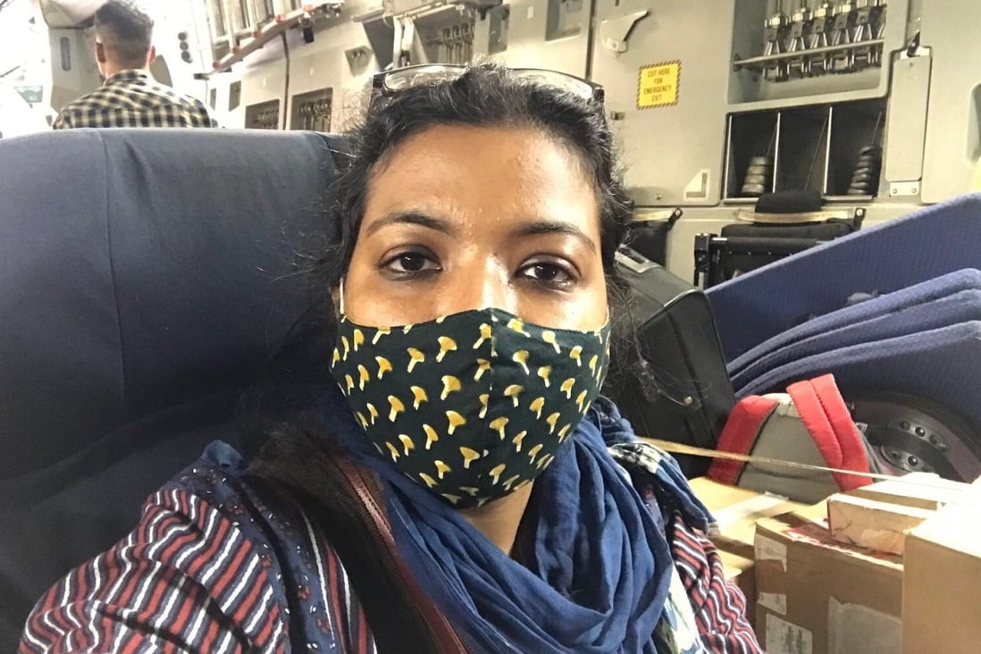 Journalist Sonia Sarkar on a military plane leaving Afghanistan, along with 120 other Indian citizens being evacuated from the country. Photo: Sonia Sarkar
