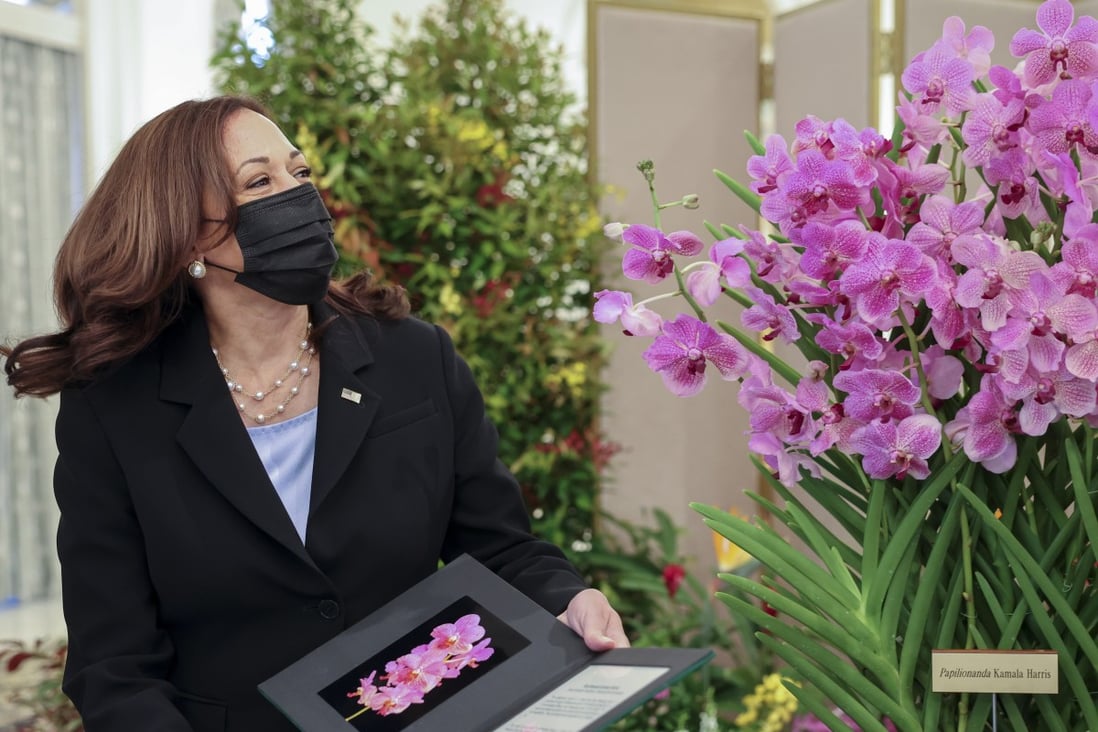 US Vice-President Kamala Harris pictured with orchids named after her at the Istana in Singapore. Photo: AP