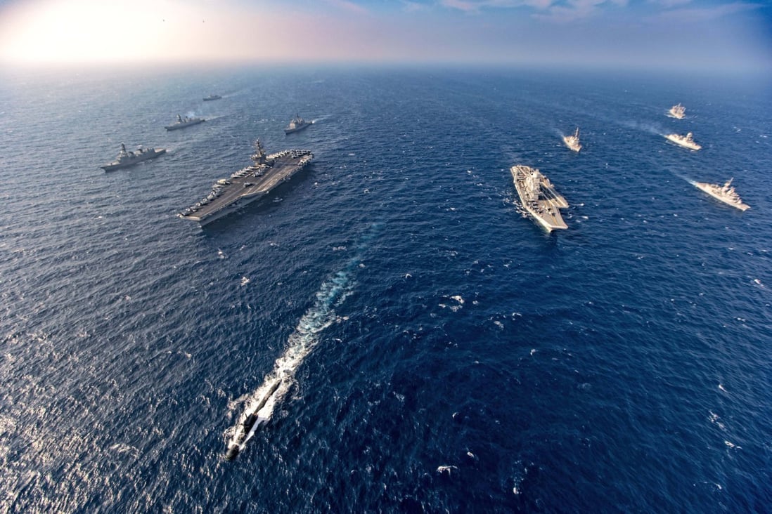 Aircraft carriers and warships participate in last year’s joint exercises by the navies of India, US, Japan and Australia, in the Northern Arabian Sea on November 17. Photo: Indian Navy via AP