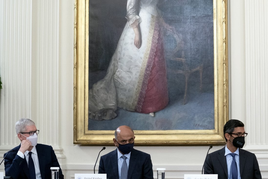 Apple CEO Tim Cook, from left, IBM CEO Arvind Krishna, and Alphabet CEO Sundar Pichai meet in the East Room of the White House on August 25 to discuss improving cybersecurity with US President Joe Biden. Photo: Bloomberg