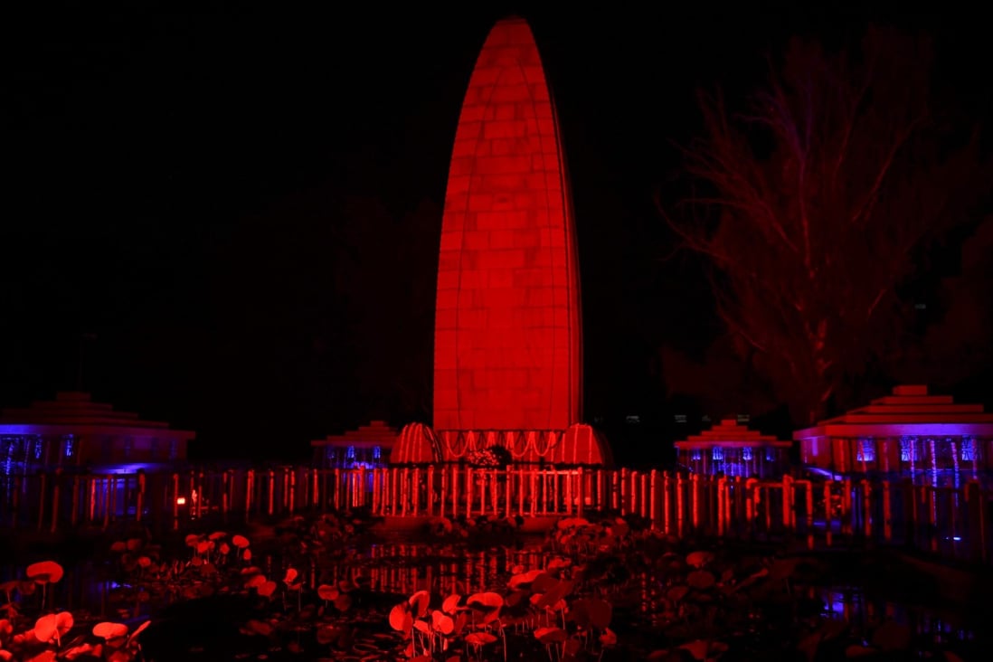 The renovated Jallianwala Bagh memorial in Amritsar is illuminated at night on August 28. Photo: AFP
