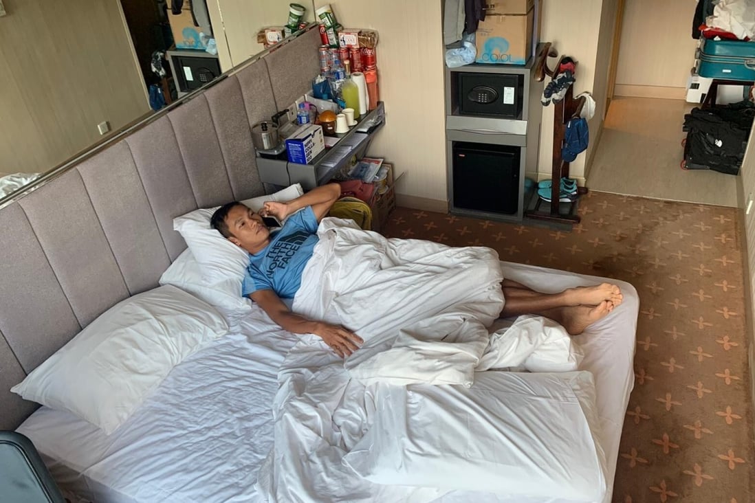 Wong Ho-chung in his quarantine hotel where he must remain for 21 days after racing 171km in France. Photo: Handout