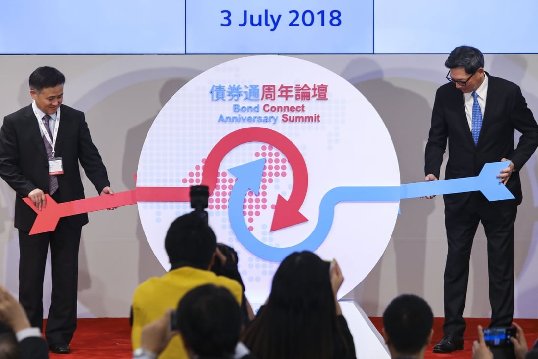 Pan Gongsheng, the deputy governor of the People's Bank of China (left) and Norman Chan Tak-lam, the former CEO of the Hong Kong Monetary Authority, during a seminar in July 2018 to mark the first anniversary of the Bond Connect, at the HKEX Connect Hall in Central. Photo: Sam Tsang