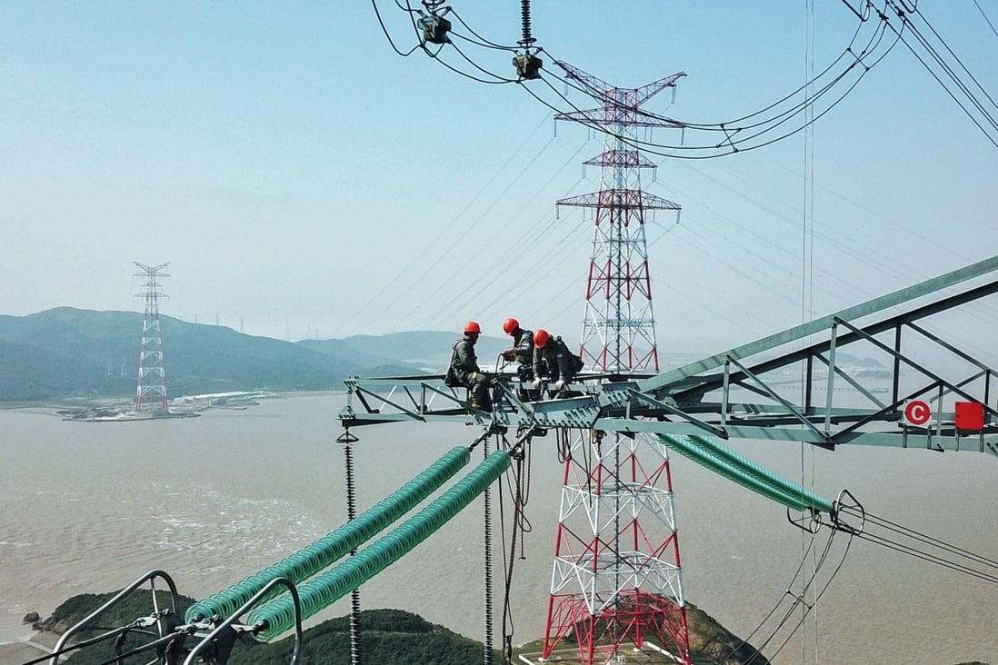 A giant power supply pylon in Zhoushan, China’s eastern Zhejiang province. Photo: Xinhua