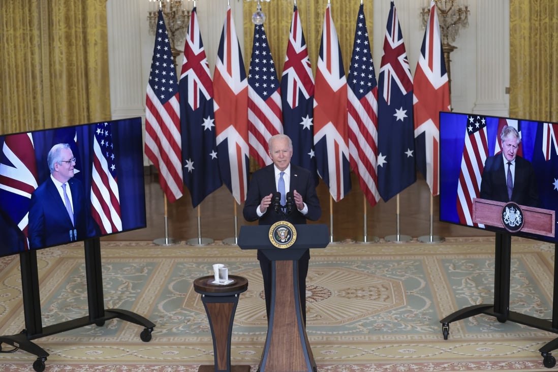 US President Joe Biden speaks at the White House about the new security alliance with Australia and Britain. Joining virtually were Australian leader Scott Morrison (left) and British Prime Minister Boris Johnson. Photo: EPA-EFE