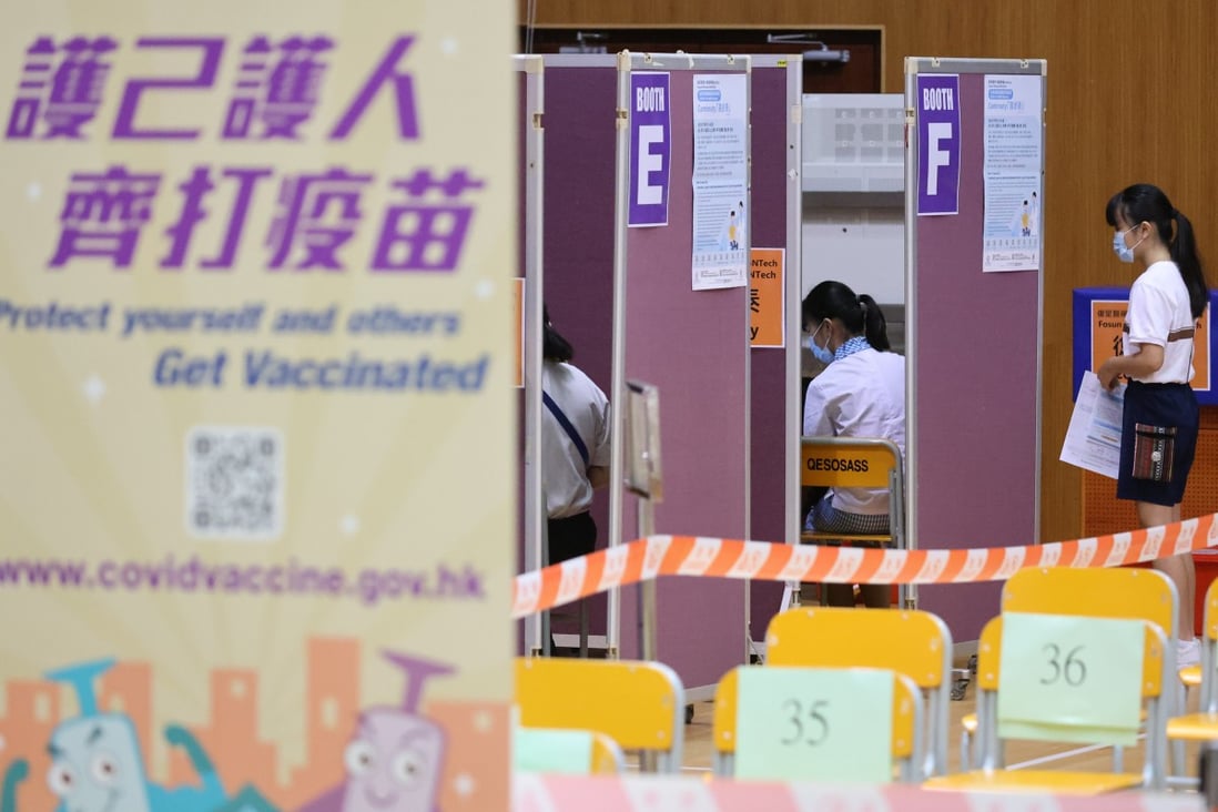 Pupils as young as 12 from four secondary and primary schools in Yuen Long received their first Covid-19 vaccine shots at an outreach service in Tin Shui Wai. Photo: May Tse