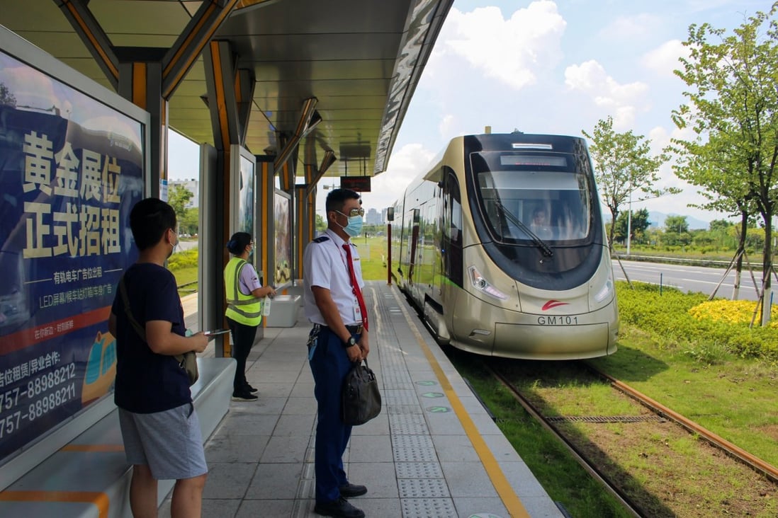 A tram powered by Ballard Power System’s hydrogen fuel cells arriving at the Zhihu station in the Gaoming district of Foshan city in southern China’s Greater Bay Area on August 18, 2021. PHoto: Xue Yujie