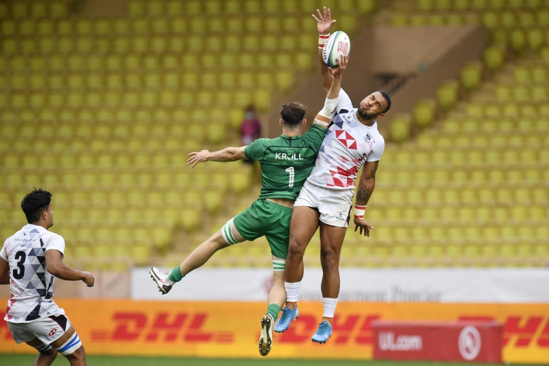 Hong Kong’s Max Denmark in action against Ireland at the World Rugby Sevens repechage in Monaco last June. Photo: Giorgio Perottino – World Rugby/World Rugby via Getty Images