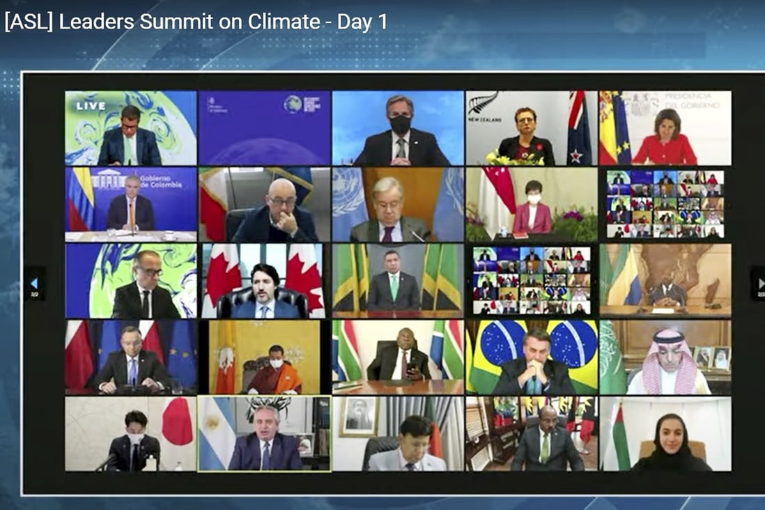 World leaders participate in the White House Climate Leaders Summit via a Zoom call in April. Photo: AP