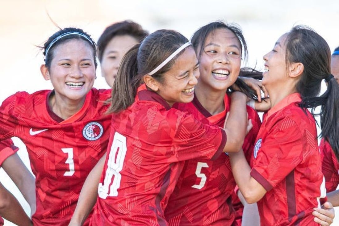Hong Kong's women's footballers celebrate a goal in their 2-1 defeat to the Philippines in the AFC Women's Asian Cup India 2022 qualifying match in Tashkent, Uzbekistan. Photo: Asian Football Confederation
