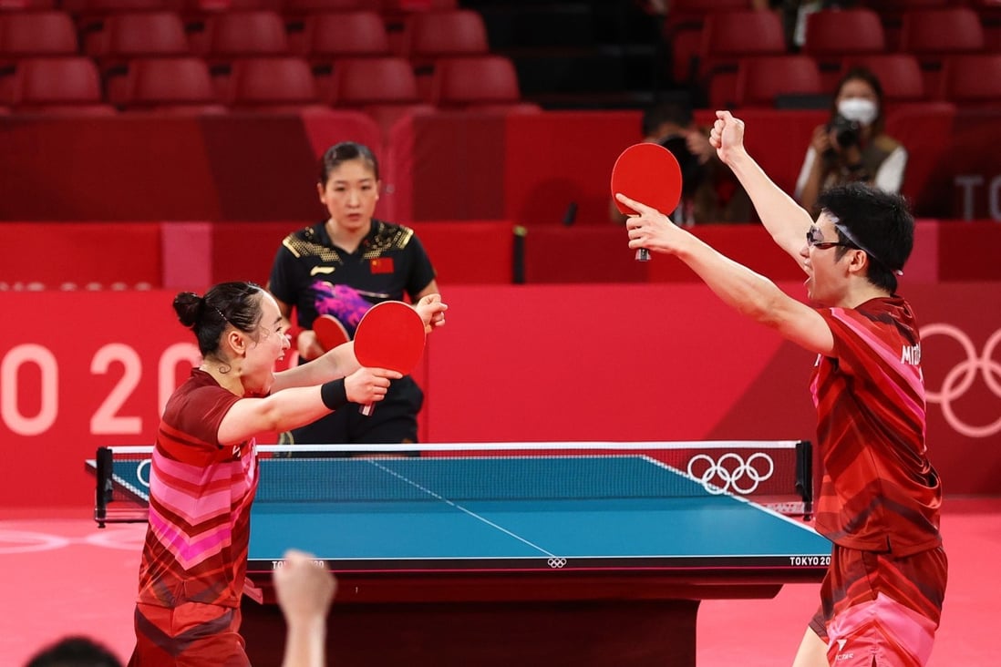 Japan’s Mima Ito and Jun Mizutani of celebrate winning their Tokyo 2020 Olympic Games table tennis mixed doubles gold match against Xu Xin China Liu Shiwen of China. Photo: Reuters