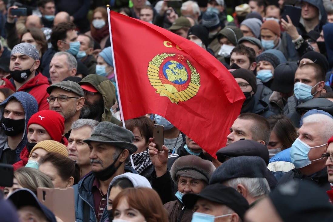 Russian Communist Party supporters attend a protest against results of the Russian Parliamentary elections in Moscow, Russia on Saturday. Photo: EPA-EFE