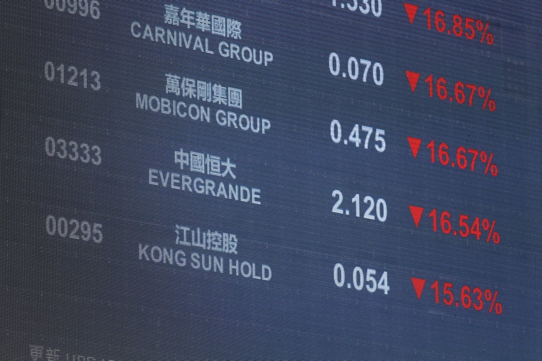 An electronic screen displays stocks, including those of China Evergrande Group, in Hong Kong. The Chinese conglomerate’s debt woes have added to difficulties for the city’s stock market. Photo: Bloomberg