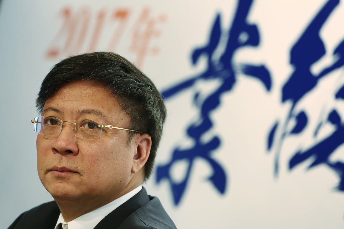 Sun Hongbin, presidente de Sunac China, durante la conferencia de prensa de resultados provisionales de 2017 del promotor inmobiliario en Hong Kong el 1 de septiembre de 2017. Foto: Jonathan Wong