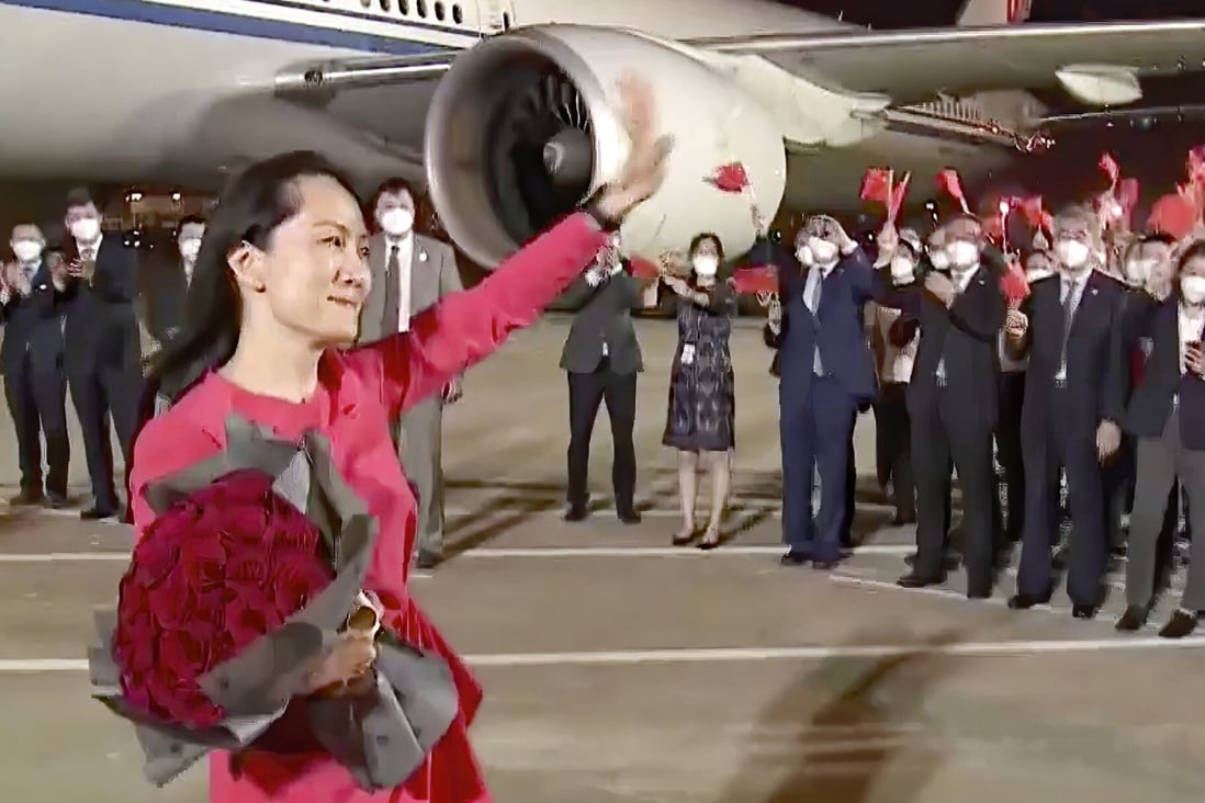 Huawei Technologies' chief financial officer, Meng Wanzhou, after her plane back to China landed in Shenzhen. Photo: CCTV