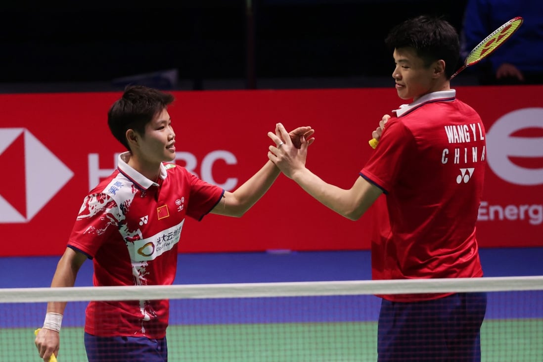 China's Wang Yilyu (right) and Huang Dongping react in their mixed doubles match against Denmark's Mathias Christiansen and Alexandra Boje in the quarter-final of the 2021 Sudirman Cup. Photo: Xinhua