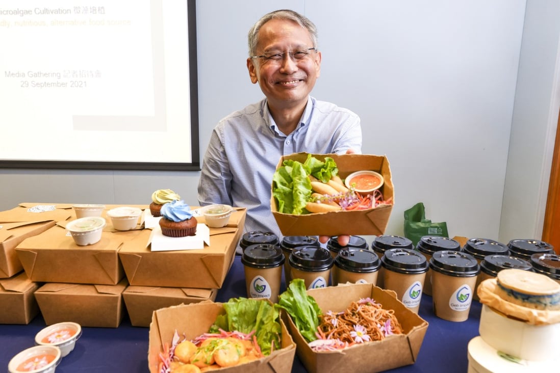 James Chang, founder and chief executive of Geb Impact Technology, displays food products made with ingredients from microalgae protein produced by the Hong Kong biotech start-up. Photo: Dickson Lee