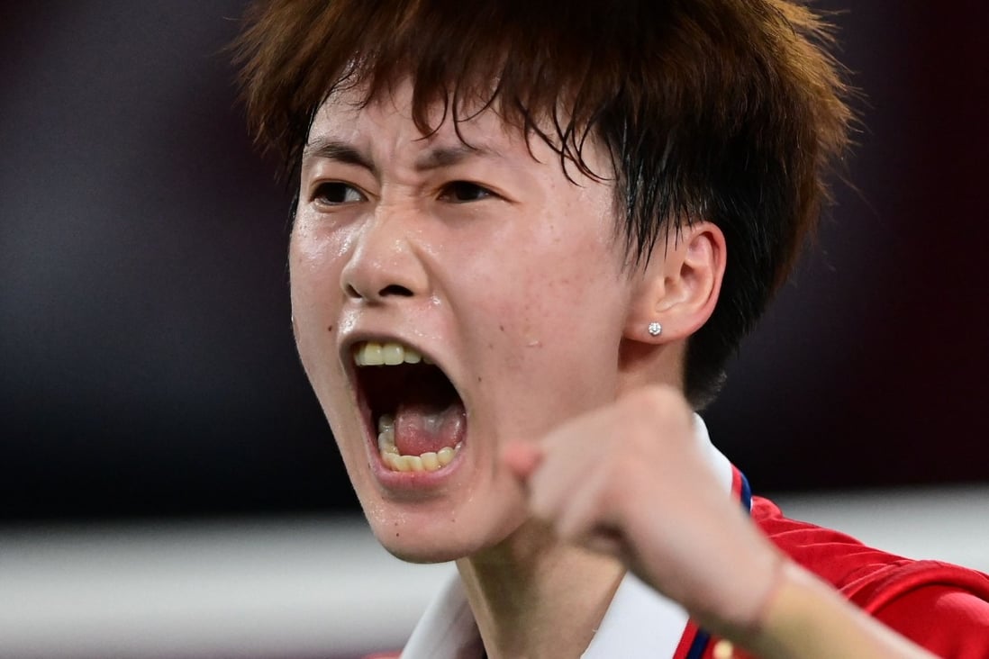 China's Chen Yufei reacts after a point with Taiwan's Tai Tzu-ying in their women's singles badminton final match during the Tokyo 2020 Olympic Games. Photo: AFP