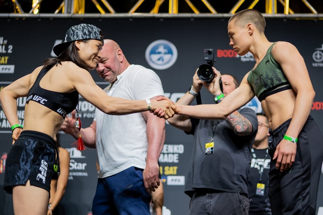 Zhang Weili and Rose Namajunas shake hands at the UFC 261 weigh-in. Photo: Zuffa LLC